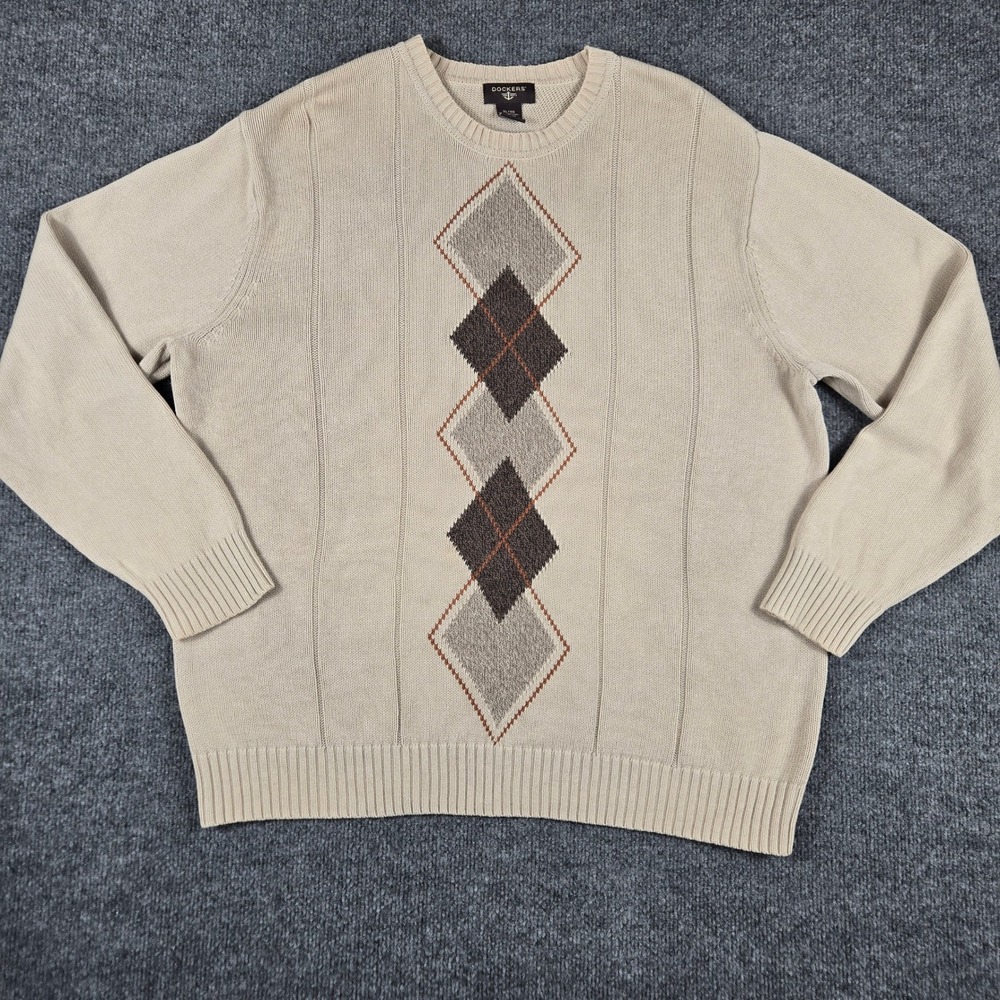 Dockers Argyle Sweater Mens XL Beige 100% Cotton Crewneck Long Sleeve Pullover